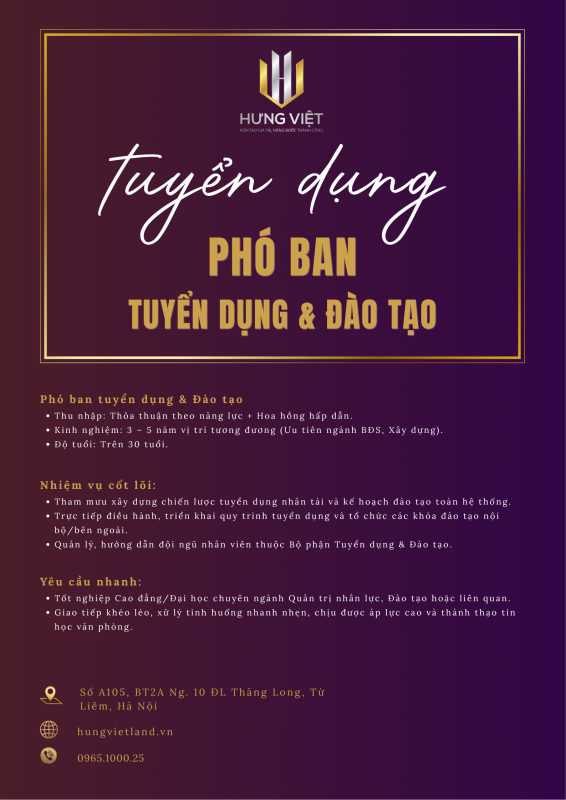 Phó Ban Phụ Trách Tuyển Dụng & Đào Tạo Hưng Việt Land