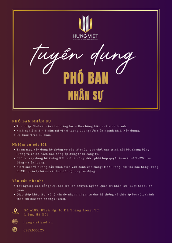 Phó Ban Nhân Sự Hưng Việt Land