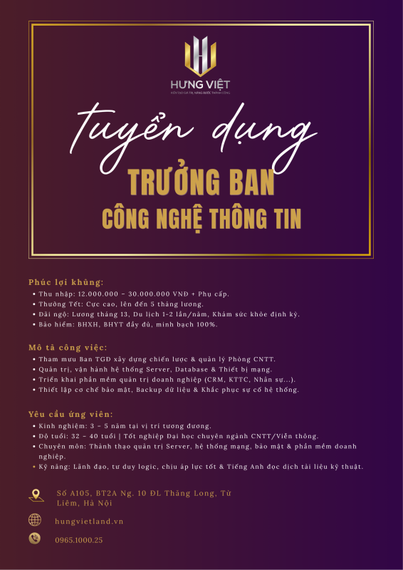 trưởng ban công nghệ thông tin Hưng Việt Land