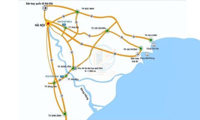 Bản đồ thể hiện vị trí chiến lược của KCN Phố Nối A kết nối Hà Nội, Hải Phòng, Quảng Ninh